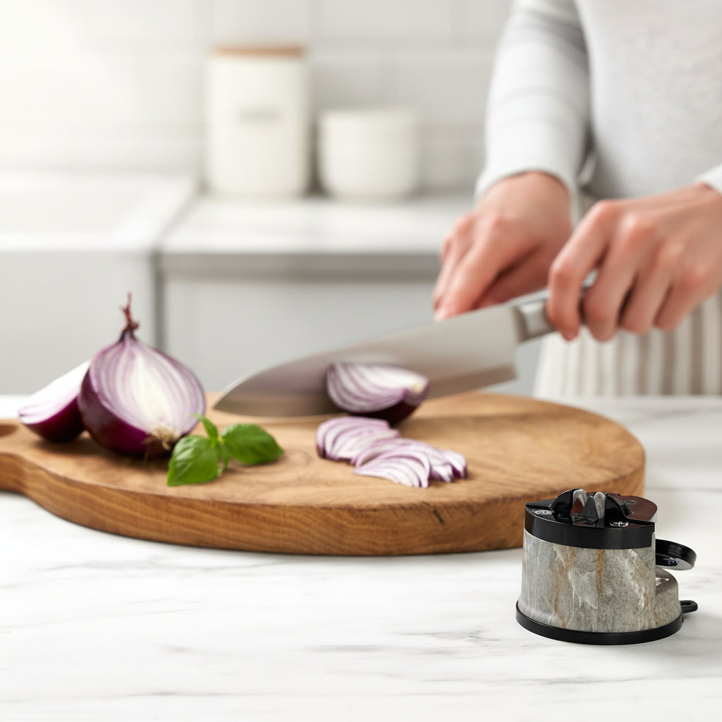 A person in a kitchen uses a large chef's knife to slice a red onion on a wooden cutting board, with the AnySharp knife sharpening and oiling kit shown in the foreground. Text at the bottom reads 'Don't Bin It, AnySharp It'.