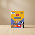 Pedigree Dentastix Triple Action daily oral care chew sticks for medium dogs, shown in a yellow and blue box with a dog photo on the front.