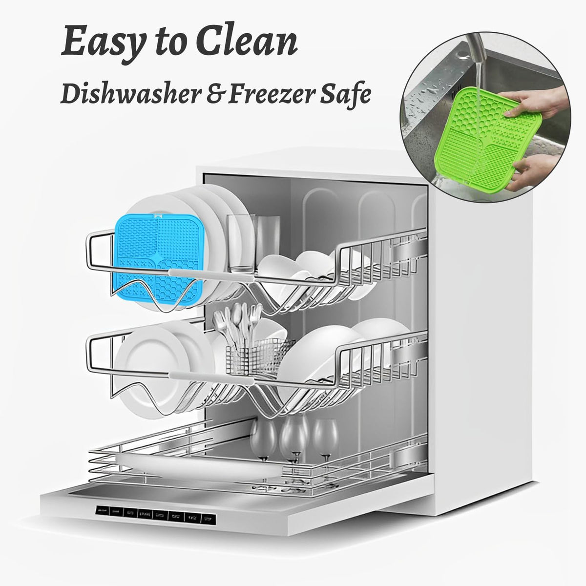 Dishwasher with racks and a close-up of a green silicone mat, with text 'Easy to Clean' and 'Dishwasher & Freezer Safe'.