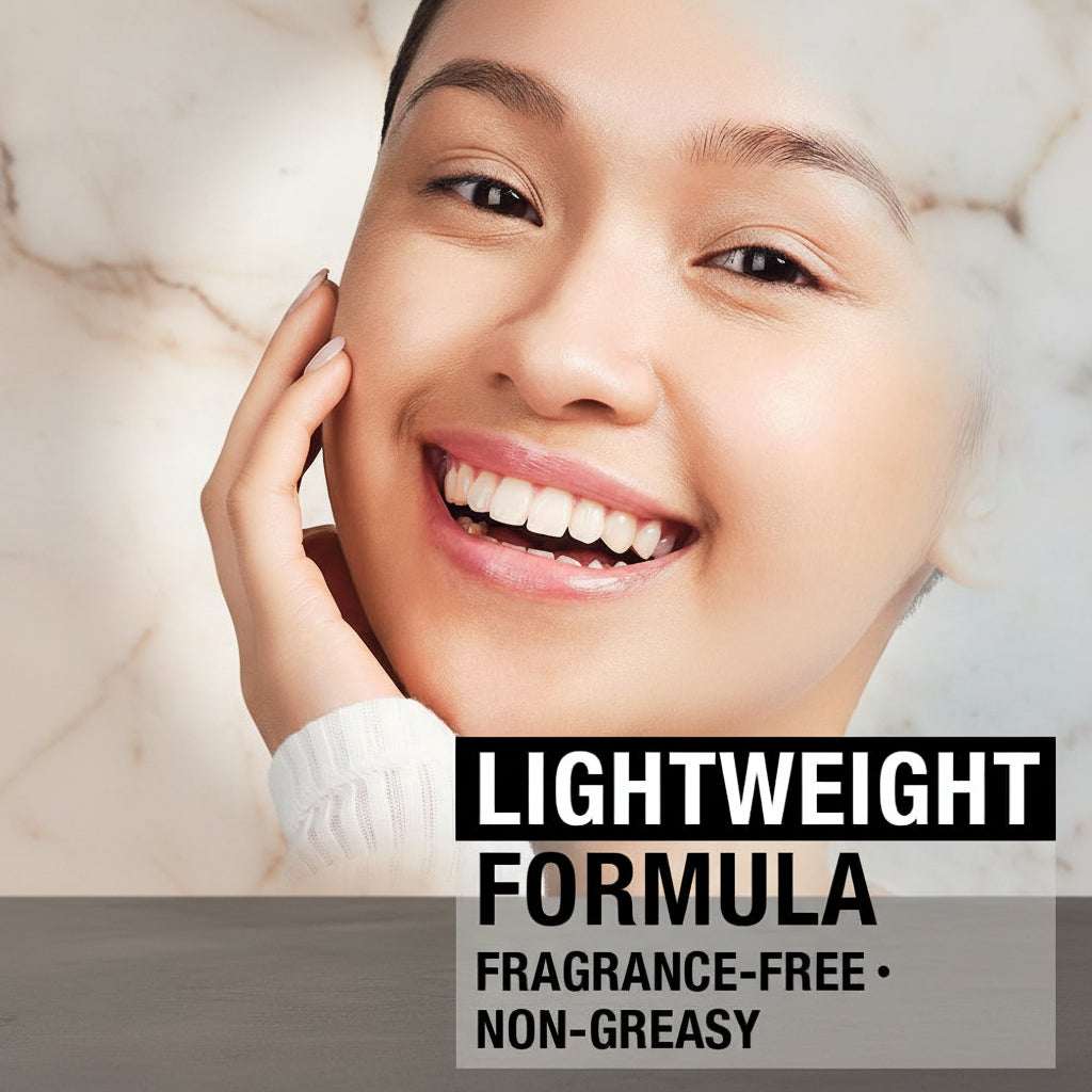 Woman with a smile, text 'Lightweight Formula, Fragrance-Free, Non-Greasy' on a gray background