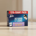 Purina Felix 120x Giant Pack box for Favourites Selection In Jelly cat litter. The packaging features a dark blue background with a red banner at the top, white text, and a cartoon cat peeking out from a cardboard tube on the right.
