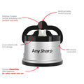 Any Sharp carboride sharpening tool with red callout arrows and text labels explaining features like suction security, cover protection, ABS Unibody construction, and PowerGrip downforce, on a white background.