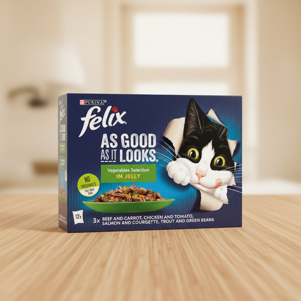 Felix cat food package held by a person to show size