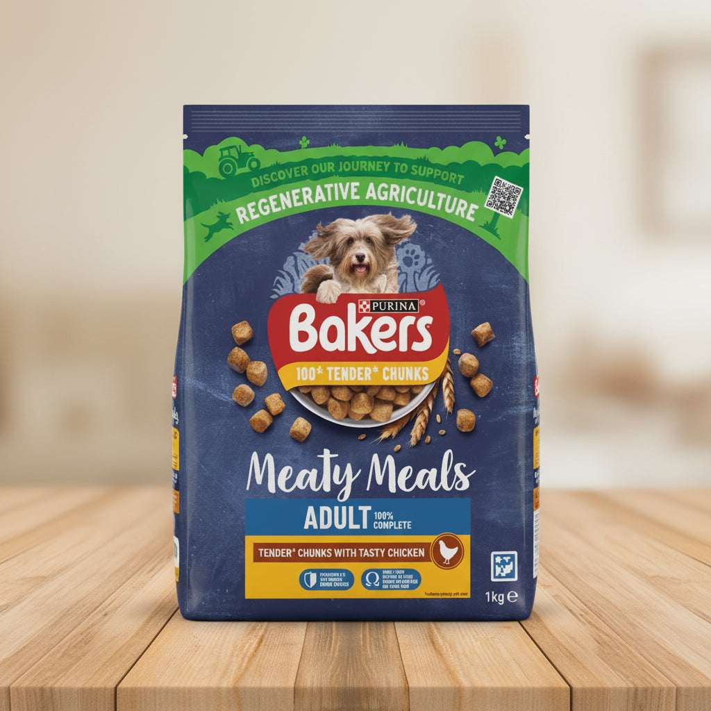 Bakers dog food package held by a person to show size