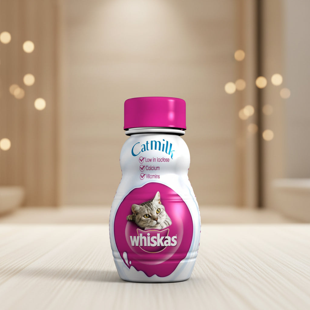 Whiskas cat milk packaging with a cat on a purple background