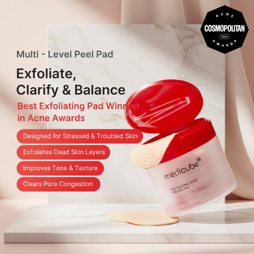 Medicube exfoliating pad with product packaging and features on a white background