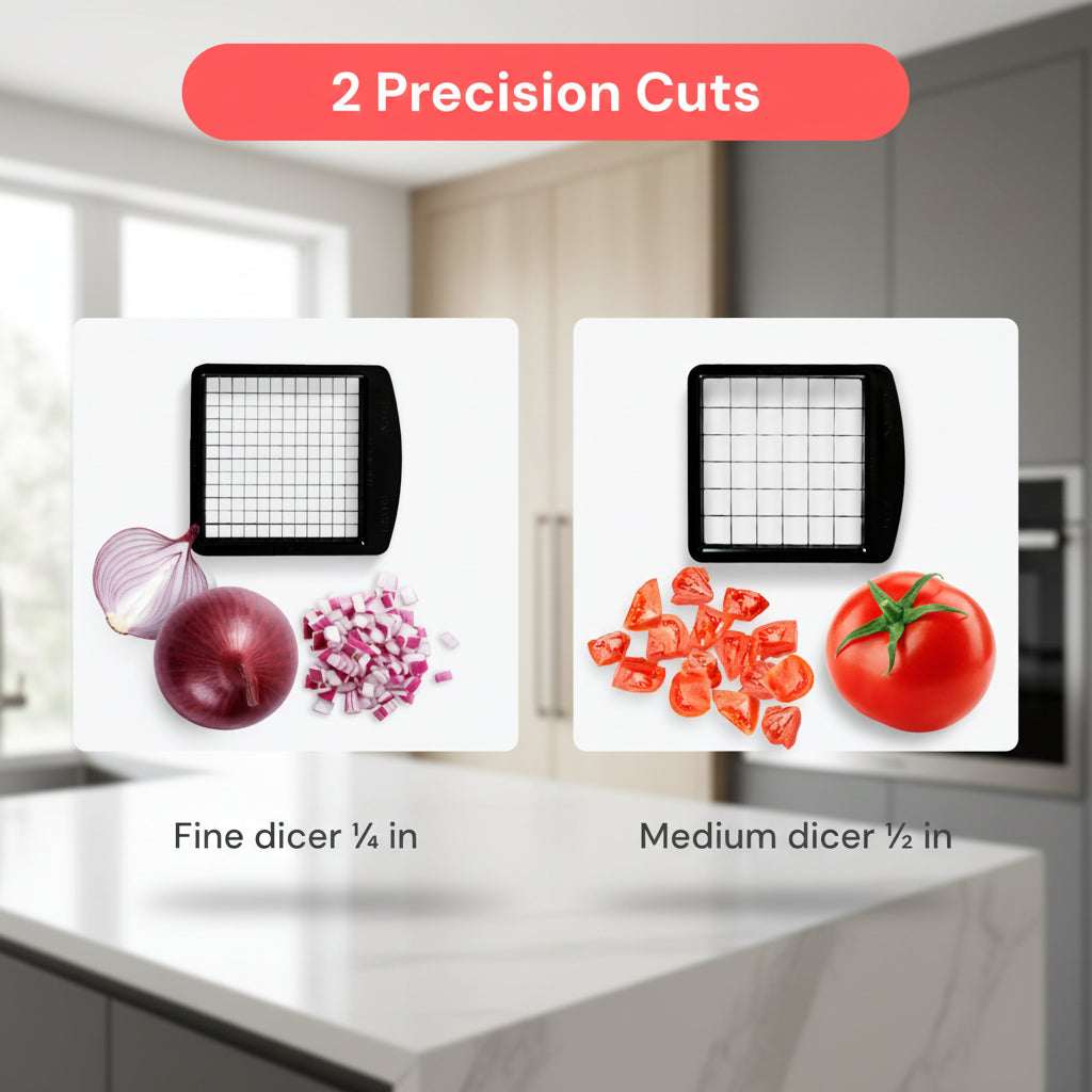 Vegetable dicer with fine and medium settings shown on a white background