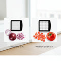 Vegetable dicer with fine and medium settings shown on a white background