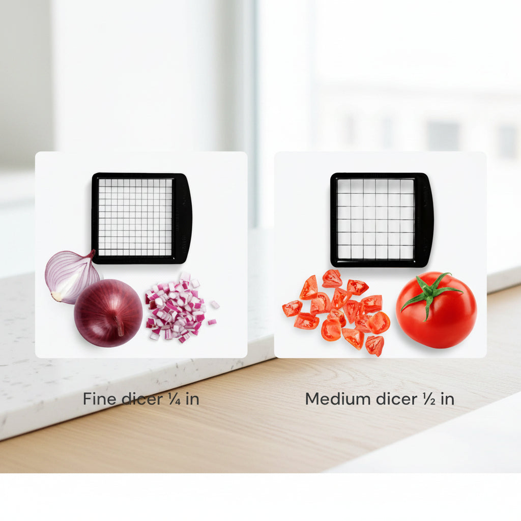 Vegetable dicer with fine and medium settings shown on a white background