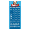 A blue rectangular feeding guideline chart for Purina Bakers dog food, featuring a dog illustration at the top and a table with animal sizes, weight ranges, and recommended daily amounts.