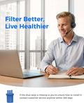 A man wearing a headset sits at a desk by large windows, writing in a notebook next to a laptop. Large blue text reads 'Filter Better, Live Healthier,' with a small blue product icon and additional installation/support text at the bottom.