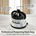 Knife sharpener with features highlighted on a marble background