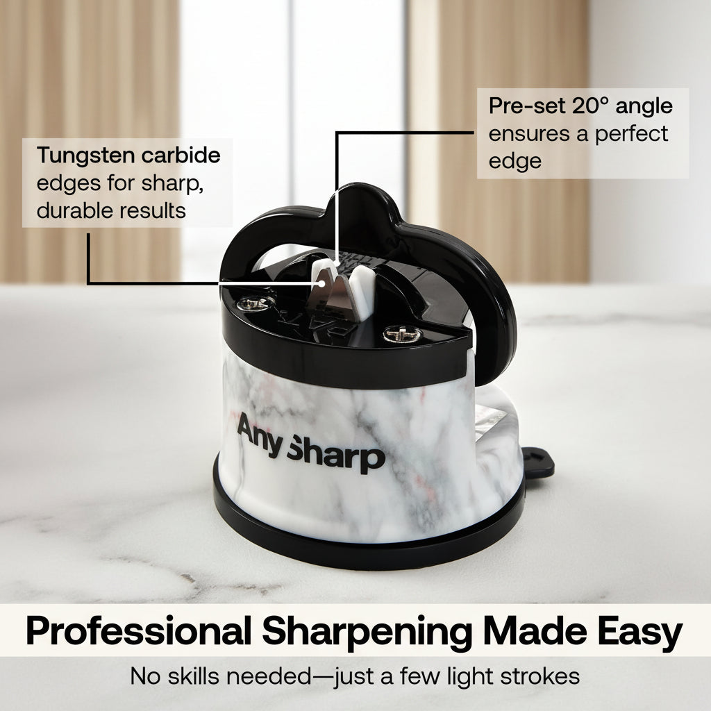 Knife sharpener with features highlighted on a marble background