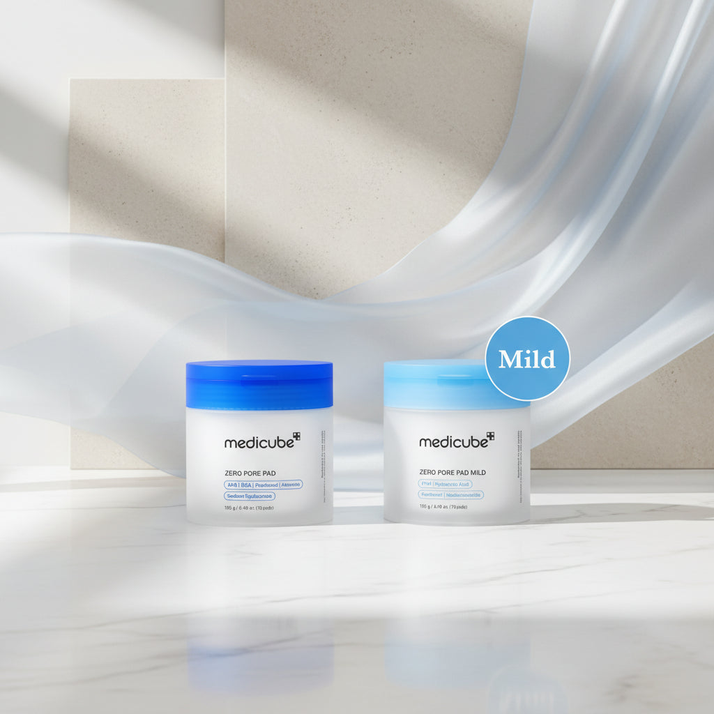 Two packaging of Medicube Zero Pore Pad with text describing their features on a white background.