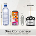 Size comparison graphic showing a water bottle, smartphone, bottle opener, and Any Sharp bottle opener against a dark background, with dimension labels and the text 'Size Comparison' and 'Can be easily stored in drawer!'.