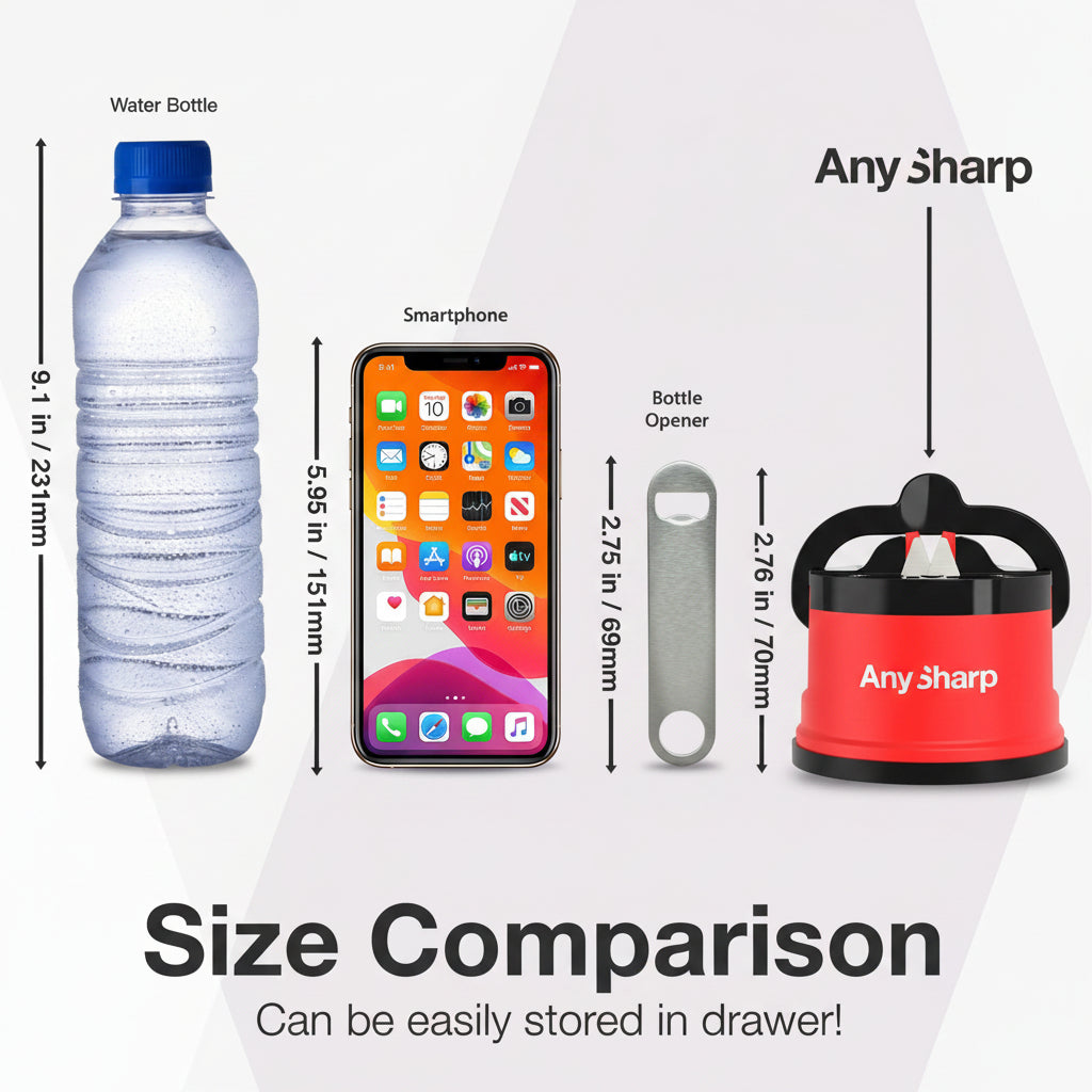 Size comparison graphic showing the product next to a water bottle, smartphone, and bottle opener on a black background, with text reading 'Size Comparison' and 'Can be easily stored in drawer!'.