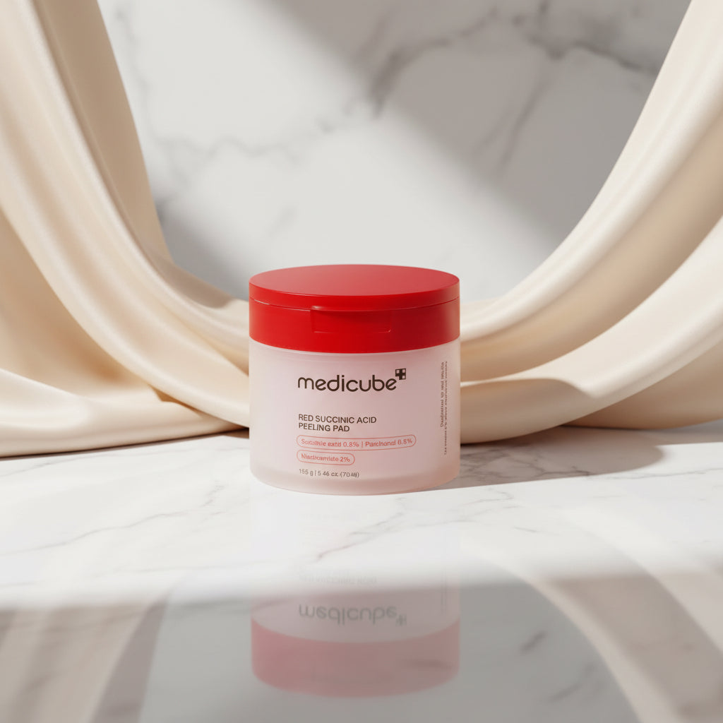 Medicube Red Succinic Acid Peeling Pad with product details on a white background