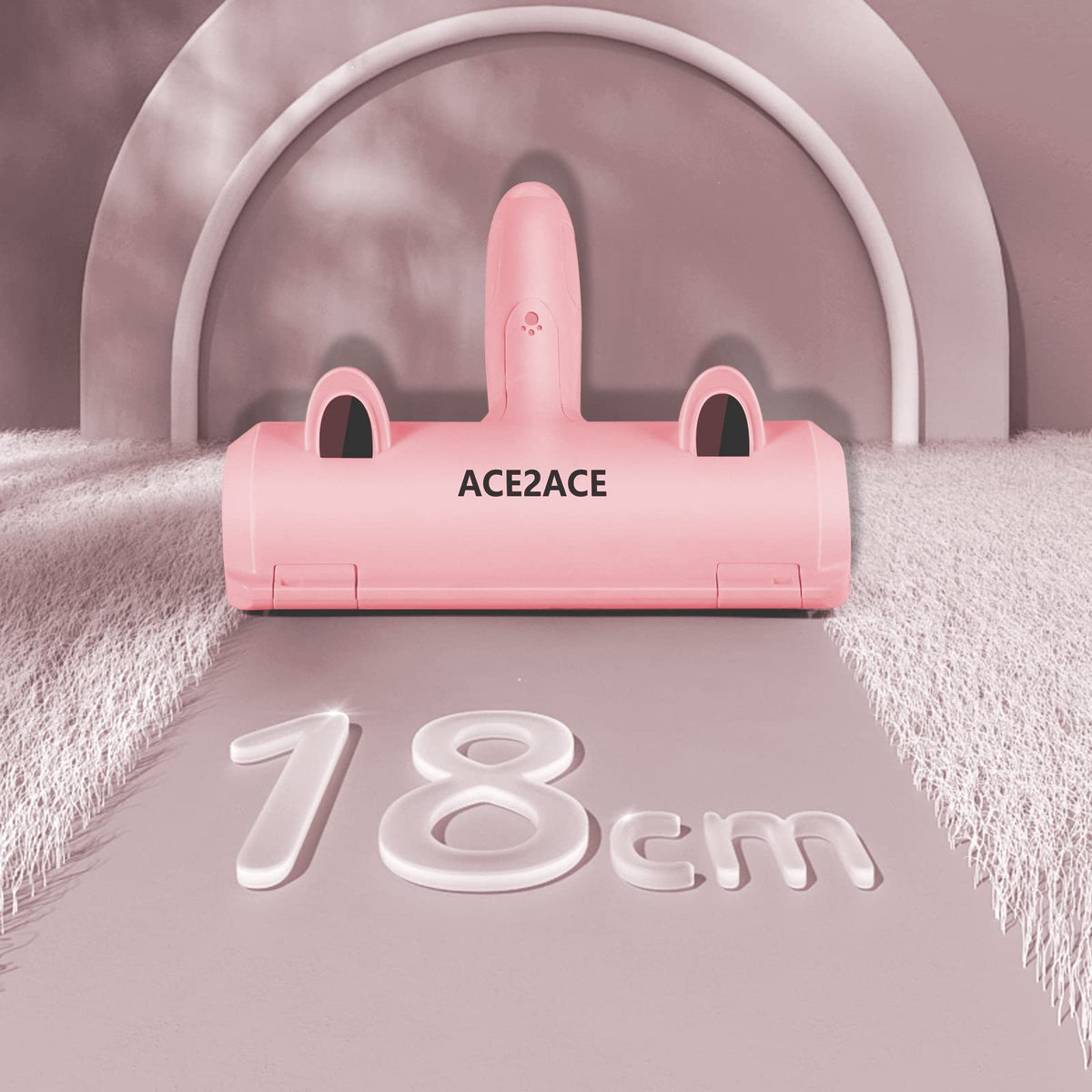 A pink floor roller vacuum cleaner with the brand name 'ACE2ACE' printed on the front, set against a stylized pink background with a '18cm' size indicator on the floor.