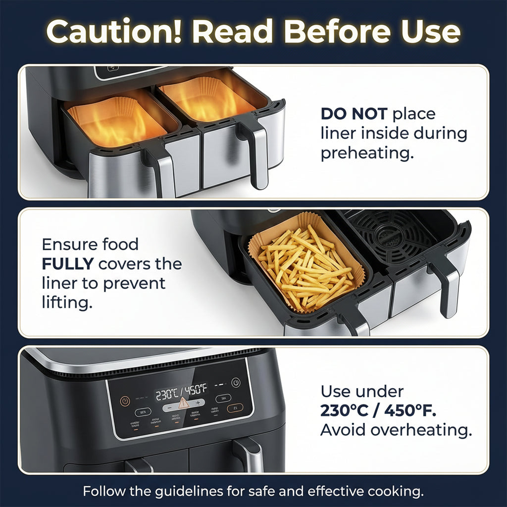 Instructions for using an air fryer with safety guidelines on an orange background