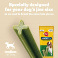 A green star-shaped dog chew bone is shown on a bright yellow background with promotional text. The text says it is specially designed for your dog's jaw size, so no need to break the chew into pieces.