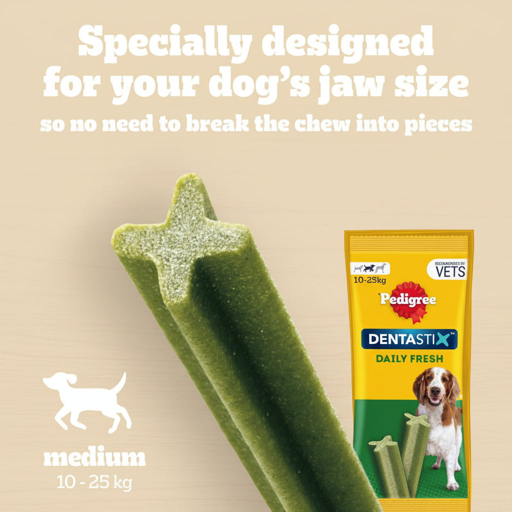 A green star-shaped dog chew bone is shown on a bright yellow background with promotional text. The text says it is specially designed for your dog's jaw size, so no need to break the chew into pieces.