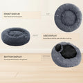 Gray donut pet bed with labeled features on a white background