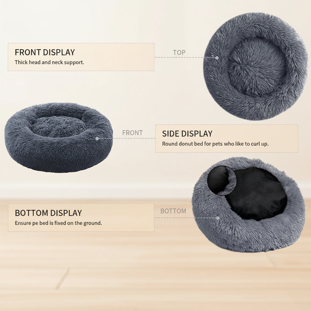 Gray donut pet bed with labeled features on a white background