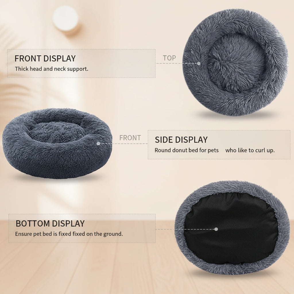 Gray donut pet bed with labeled features on a white background