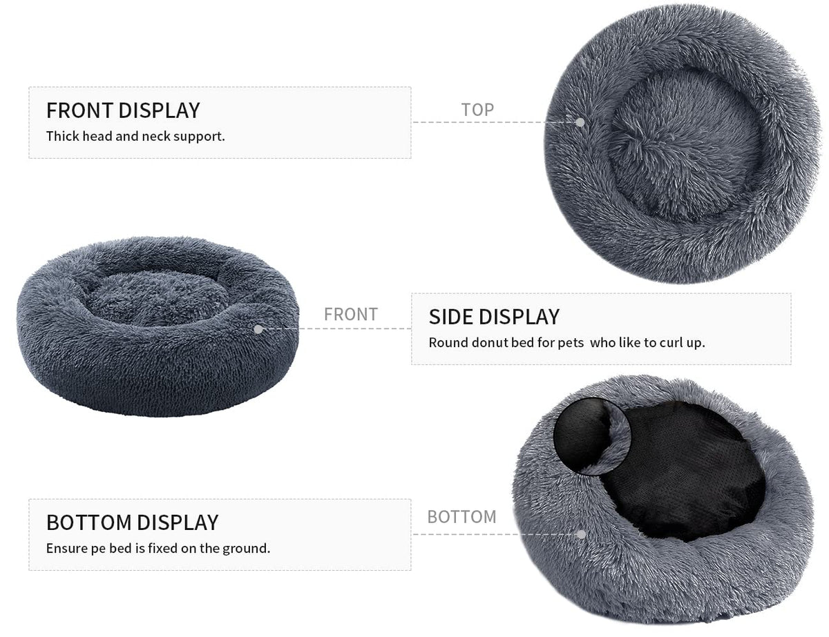 Gray donut pet bed with labeled features on a white background