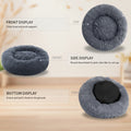 Gray donut pet bed with labeled features on a white background