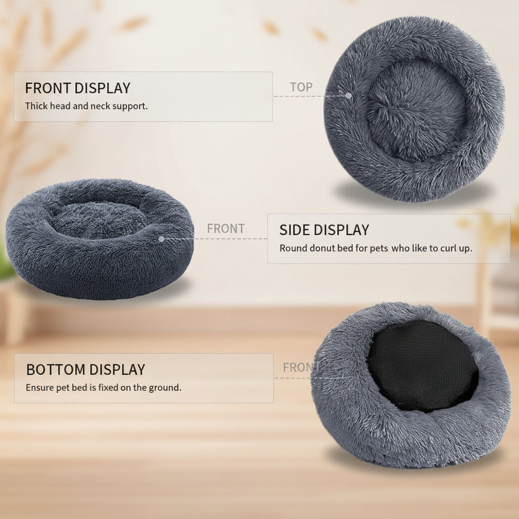 Gray donut pet bed with labeled features on a white background