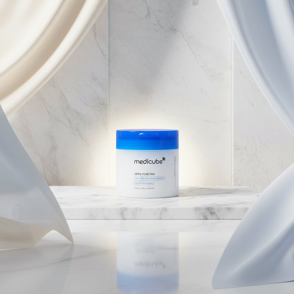 Medicube Zero Pore Pad packaging with sales statistics on a blue background