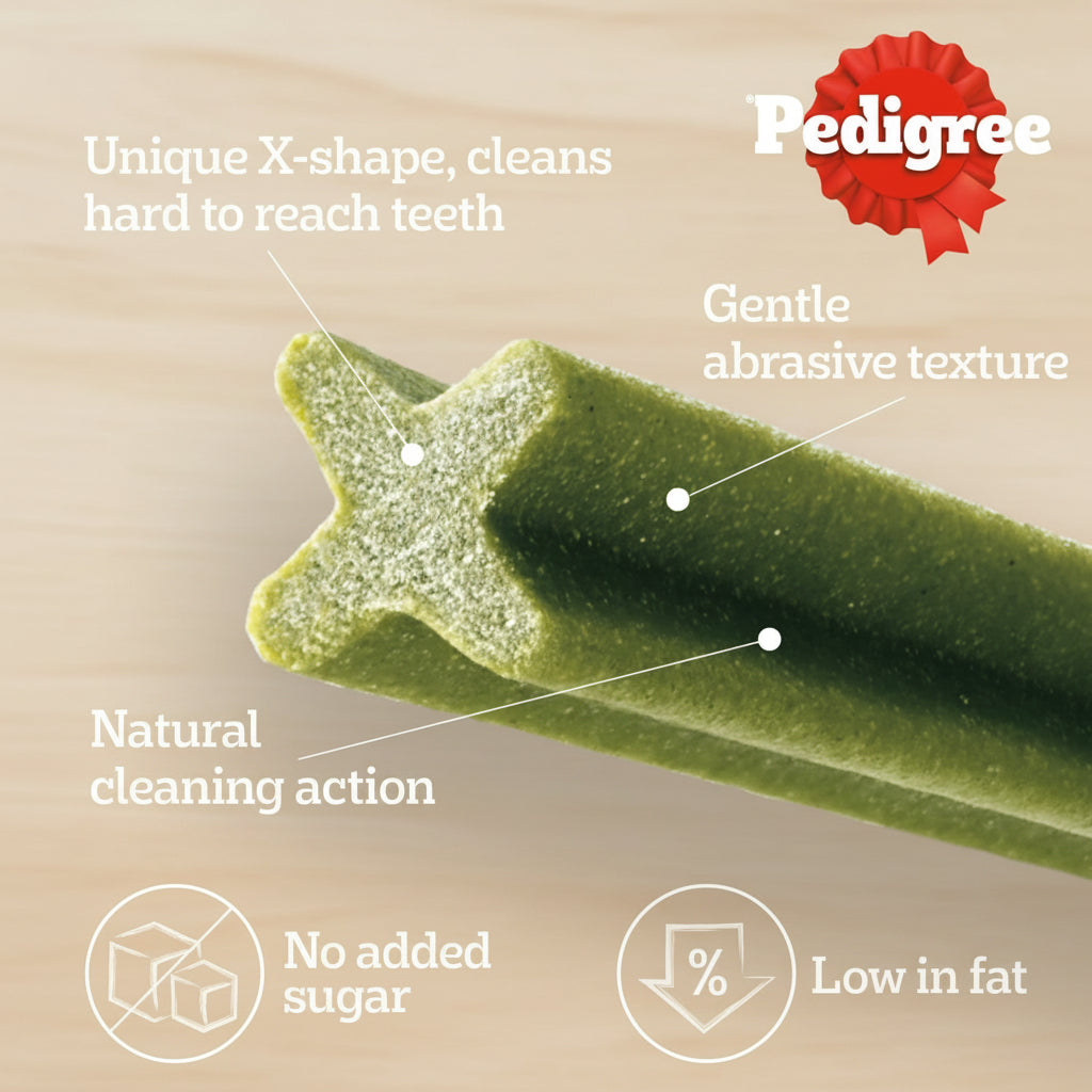 Pedigree dog dental chew shown on a blue background with callout text explaining the X-shape, gentle abrasive texture, natural cleaning action, no added sugar, and low in fat.