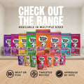 Barking Heads dog food packages on a pink background with text about product range and features.