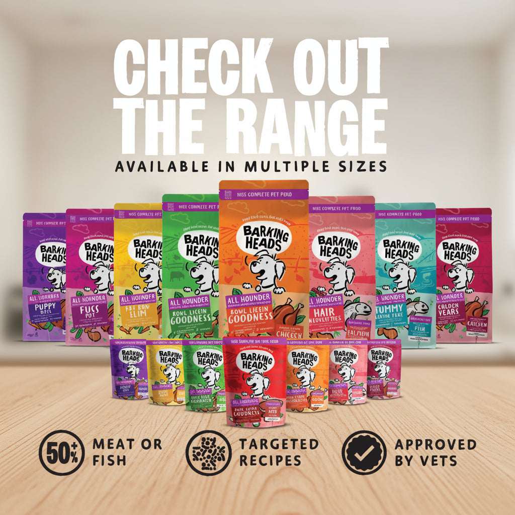 Barking Heads dog food packages on a pink background with text about product range and features.