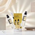 Cosrx Glass Skin Stater Set with skincare products on a yellow background