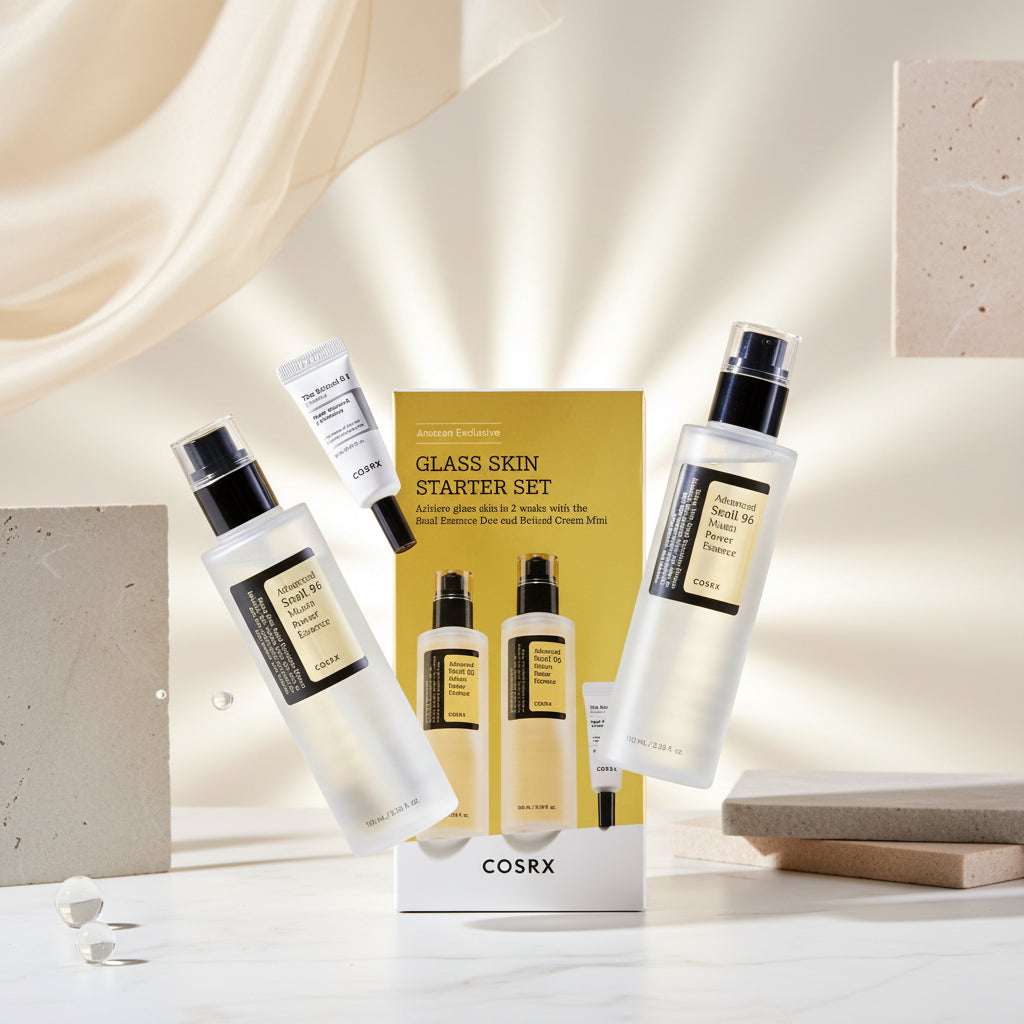 Cosrx Glass Skin Stater Set with skincare products on a yellow background