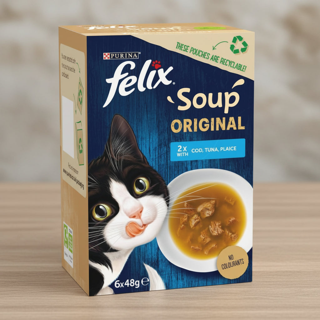 A box of Purina Felix Soup Original cat food, featuring a black and white cat illustration and a bowl of soup on a blue textured background.