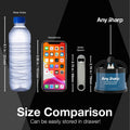 Size comparison graphic showing the Anysharp bottle opener next to a water bottle, smartphone, and a small metal bottle opener for scale, with text reading 'Size Comparison' and 'Can be easily stored in drawer!' on a dark background.