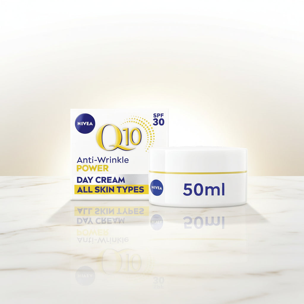 Nivea Q10 Day Cream packaging with SPF 30 on a white background