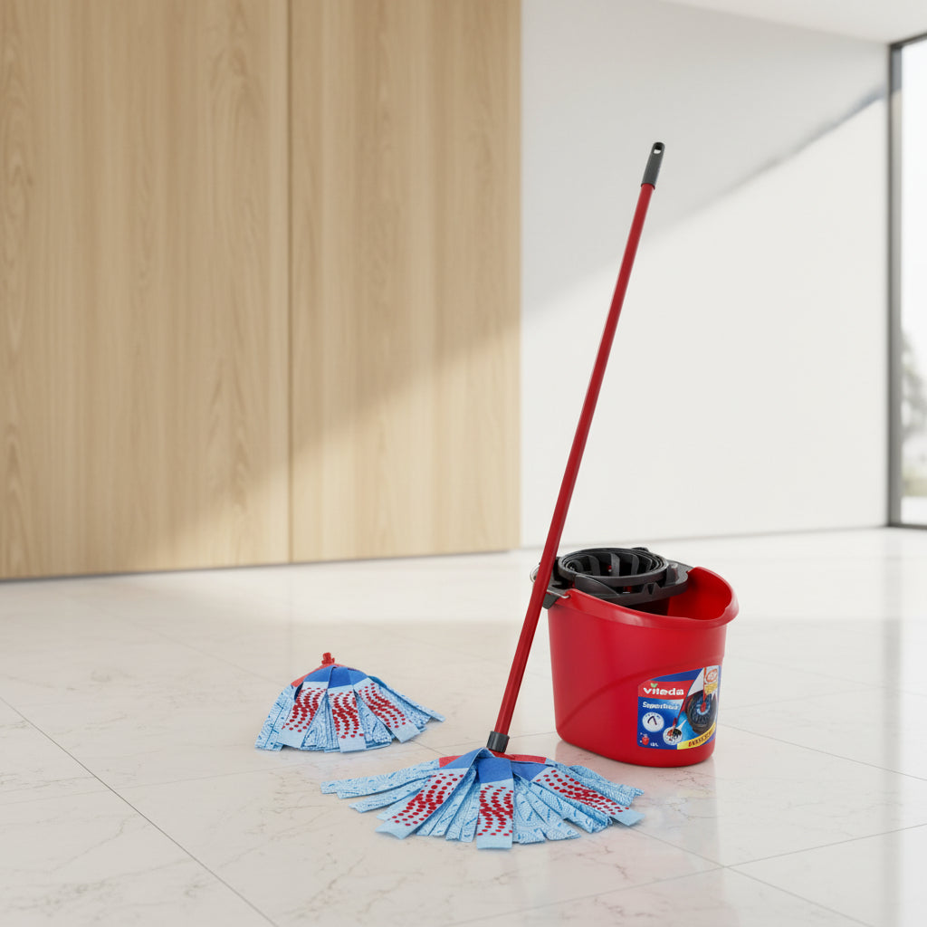 Vileda SuperMop cleaning set with red bucket, blue mop head, and red handle on a white background