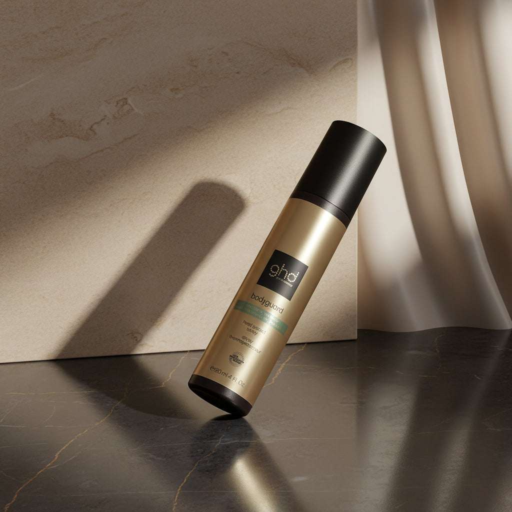 ghd bodyguard hair product on a dark background