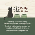 Cat feeding information graphic with text and icons on a purple and beige background