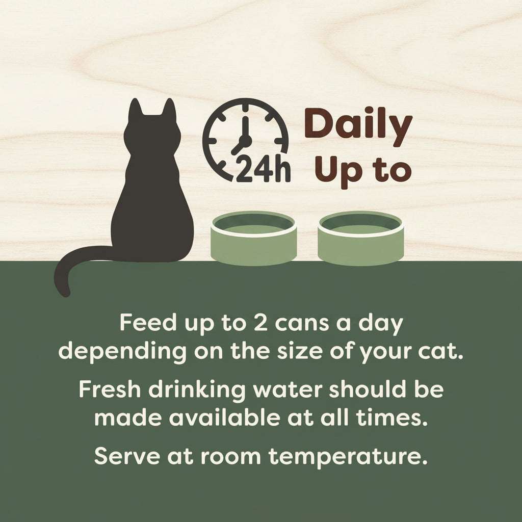 Cat feeding information graphic with text and icons on a purple and beige background