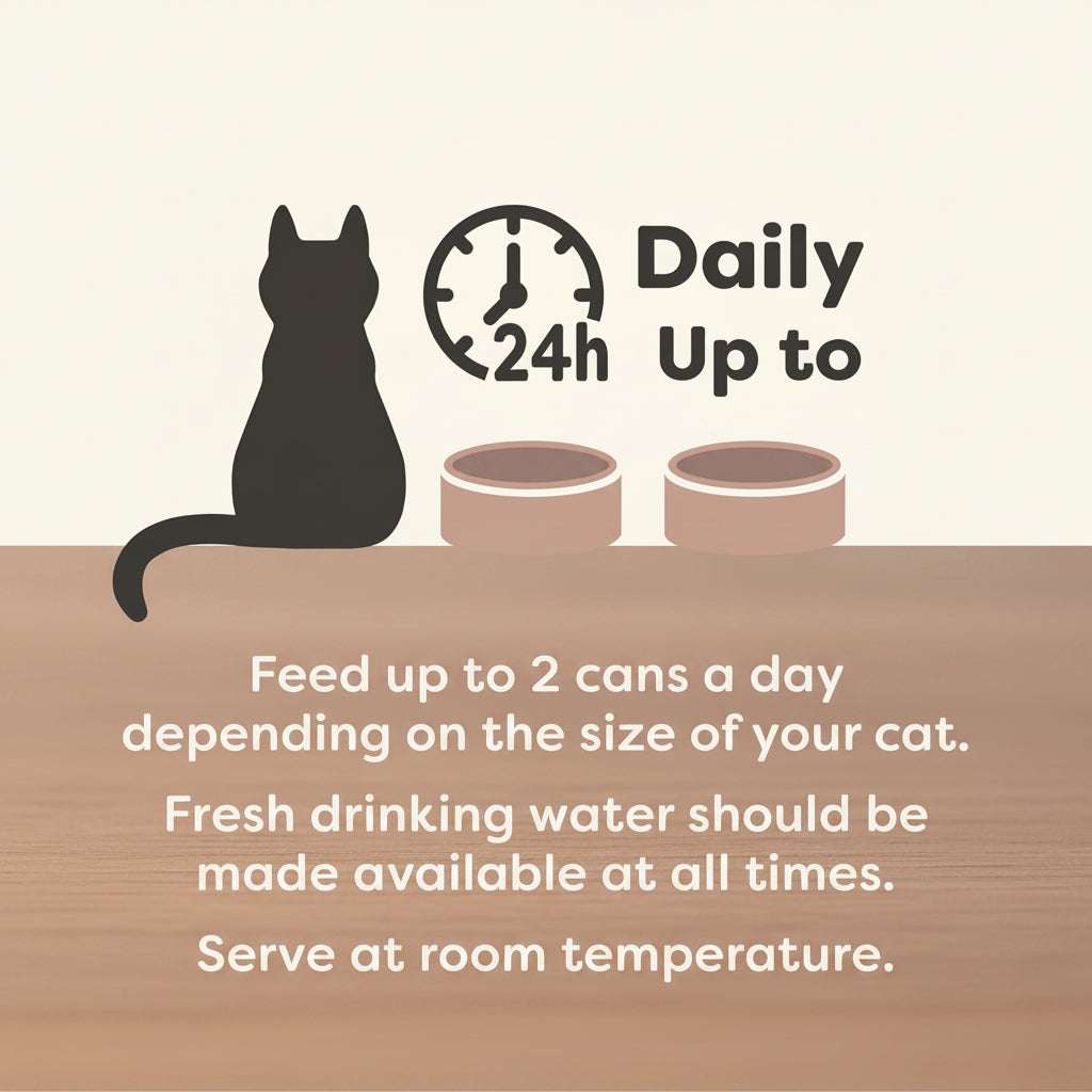 Cat feeding information graphic with text and icons on a purple and beige background
