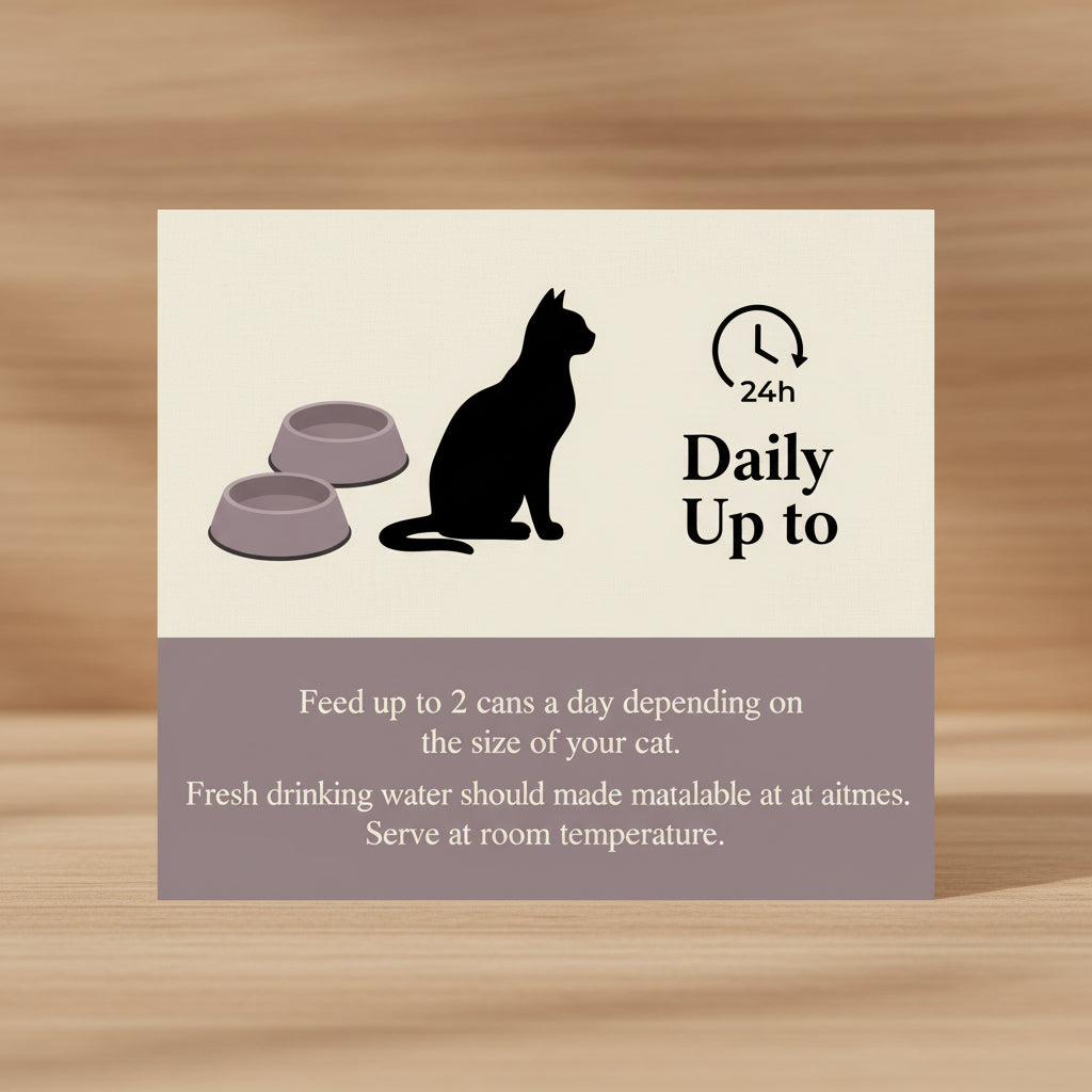 Cat feeding information graphic with text and icons on a purple and beige background