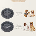 Size chart graphic showing two circular plush dog beds with dimensions labeled 60 x 80 cm and 70 x 90 cm, plus height measurements, alongside small photos of dogs and a cat on a white background.