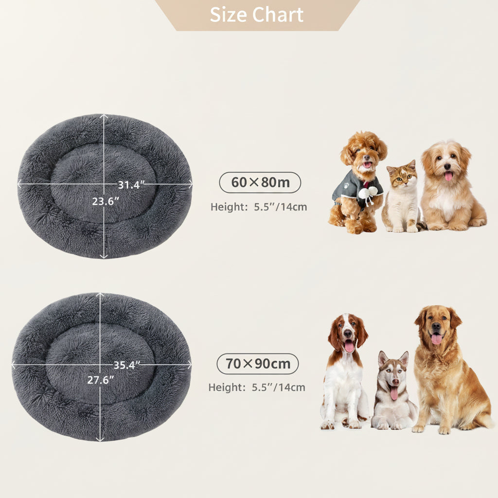 Size chart graphic showing two circular plush dog beds with dimensions labeled 60 x 80 cm and 70 x 90 cm, plus height measurements, alongside small photos of dogs and a cat on a white background.