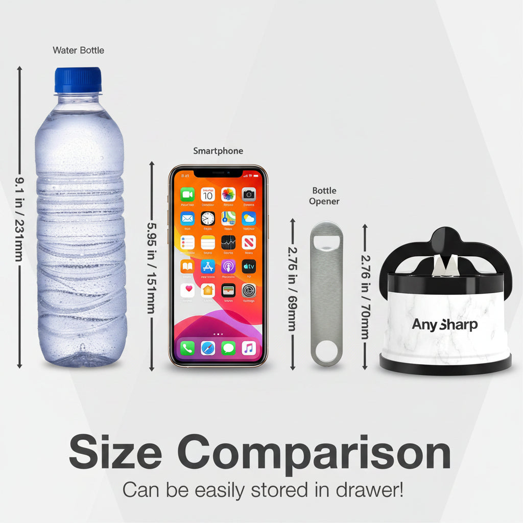Size comparison chart with water bottle, smartphone, bottle opener, and Any Sharp device on a black background.