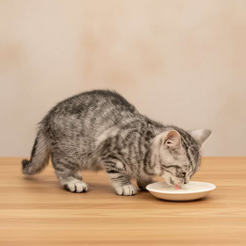 Cat drinking from a bowl on a pink background